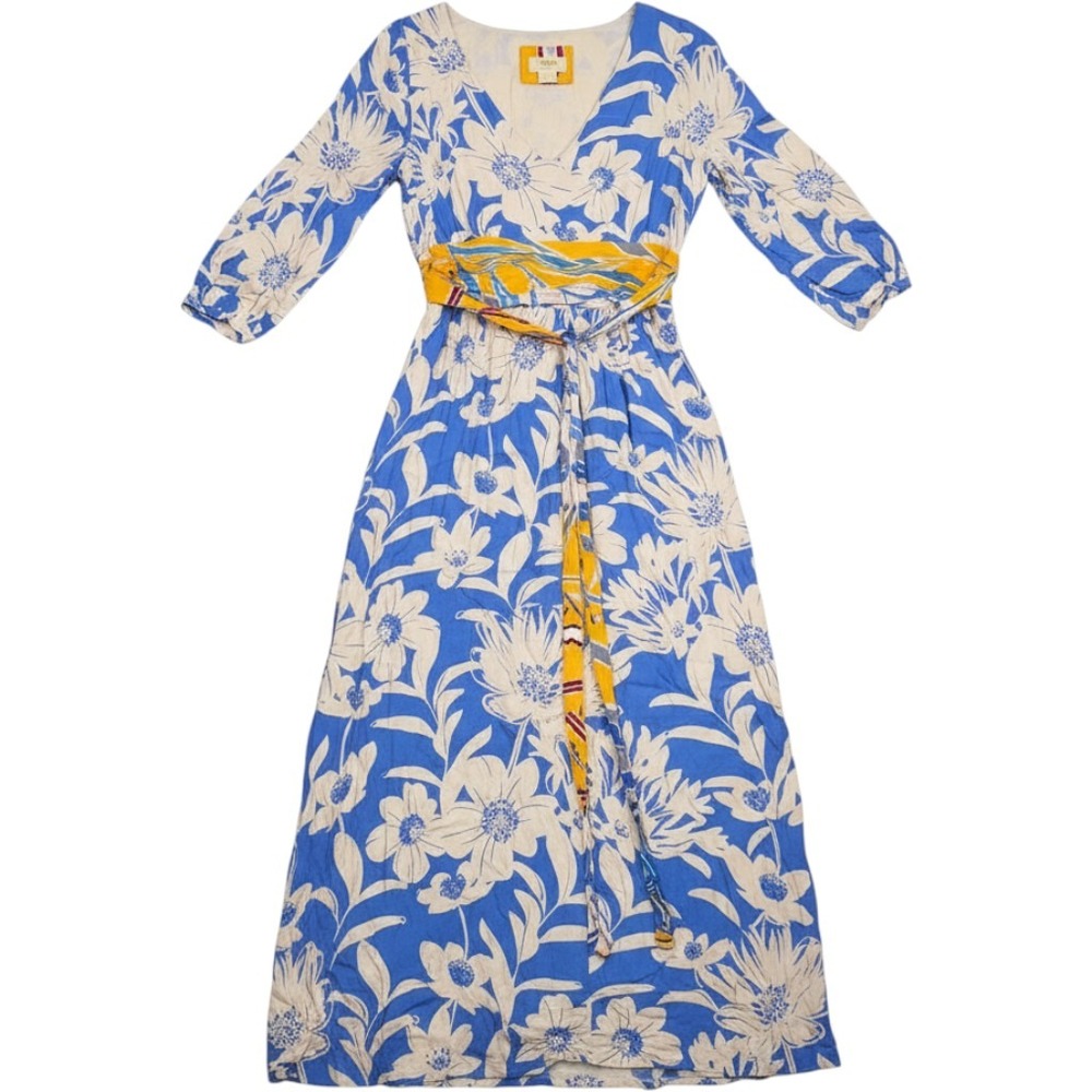 Maeve Anthropologie Blue Floral V-Neck Maxi Dress with Sash Waist Size 10